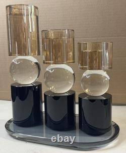 Modern Decorative Candle Holder Set-Black Base With Crystal Sphere & Glass