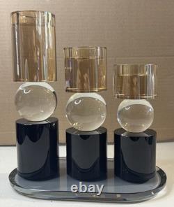 Modern Decorative Candle Holder Set-Black Base With Crystal Sphere & Glass