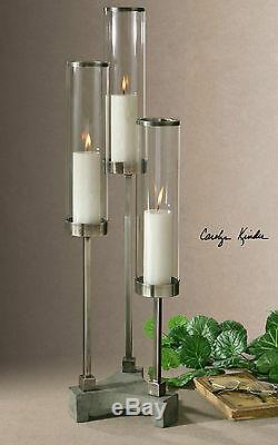 Modern Silver Brushed Aluminum Candle Holder Clear Glass Globes Concrete Base