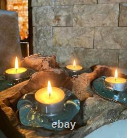 Molten Glass Candle holder for 4 candles wooden glas with root wood decoration