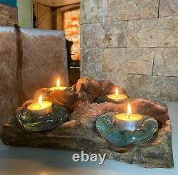 Molten Glass Candle holder for 4 candles wooden glas with root wood decoration