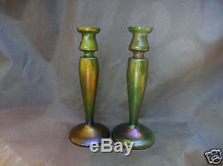 Monumental Art Nouveau Loetz 1900 Silberiris Green Iridescent Candle Holders 12