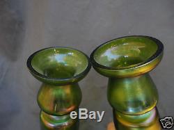 Monumental Art Nouveau Loetz 1900 Silberiris Green Iridescent Candle Holders 12