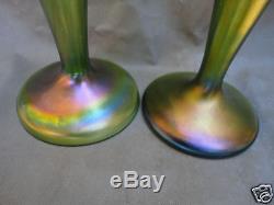 Monumental Art Nouveau Loetz 1900 Silberiris Green Iridescent Candle Holders 12