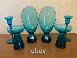 Morgantown Glass Peacock Blue Coronet Modern Sonata Candleholders MCM Set of Six
