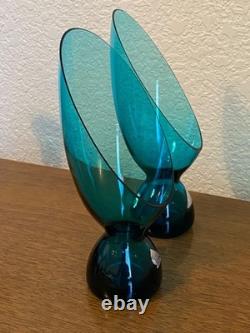 Morgantown Glass Peacock Blue Coronet Modern Sonata Candleholders MCM Set of Six