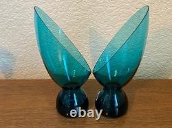 Morgantown Glass Peacock Blue Coronet Modern Sonata Candleholders MCM Set of Six