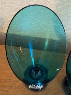 Morgantown Glass Peacock Blue Coronet Modern Sonata Candleholders MCM Set of Six