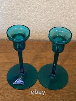Morgantown Glass Peacock Blue Coronet Modern Sonata Candleholders MCM Set of Six