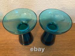 Morgantown Glass Peacock Blue Coronet Modern Sonata Candleholders MCM Set of Six