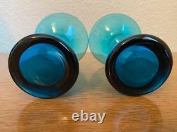 Morgantown Glass Peacock Blue Coronet Modern Sonata Candleholders MCM Set of Six