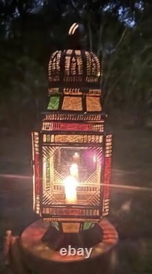 Moroccan Lantern Stained Glass Pierced Metal Candle holder hanging 22 Tall