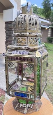 Moroccan Lantern Stained Glass Pierced Metal Candle holder hanging 22 Tall