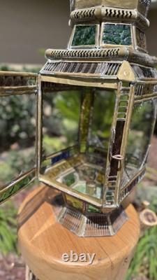 Moroccan Lantern Stained Glass Pierced Metal Candle holder hanging 22 Tall
