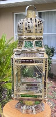 Moroccan Lantern Stained Glass Pierced Metal Candle holder hanging 22 Tall