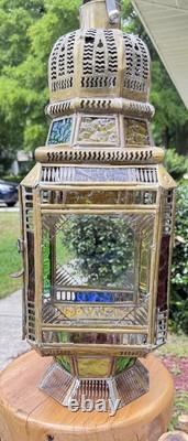 Moroccan Lantern Stained Glass Pierced Metal Candle holder hanging 22 Tall