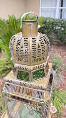 Moroccan Lantern Stained Glass Pierced Metal Candle holder hanging 22 Tall