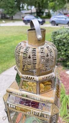 Moroccan Lantern Stained Glass Pierced Metal Candle holder hanging 22 Tall
