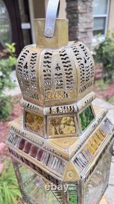 Moroccan Lantern Stained Glass Pierced Metal Candle holder hanging 22 Tall