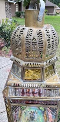 Moroccan Lantern Stained Glass Pierced Metal Candle holder hanging 22 Tall