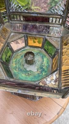 Moroccan Lantern Stained Glass Pierced Metal Candle holder hanging 22 Tall