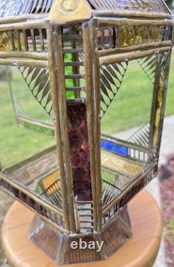Moroccan Lantern Stained Glass Pierced Metal Candle holder hanging 22 Tall