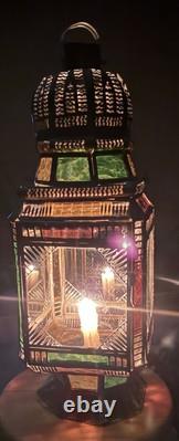 Moroccan Lantern Stained Glass Pierced Metal Candle holder hanging 22 Tall
