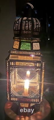 Moroccan Lantern Stained Glass Pierced Metal Candle holder hanging 22 Tall