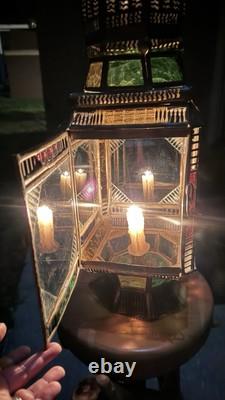 Moroccan Lantern Stained Glass Pierced Metal Candle holder hanging 22 Tall