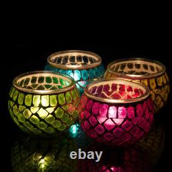 Mosaic Glass Candle Holder Jar Tealight Holders with 8 Hour Tea Light Candles