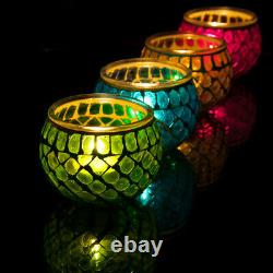 Mosaic Glass Candle Holder Jar Tealight Holders with 8 Hour Tea Light Candles