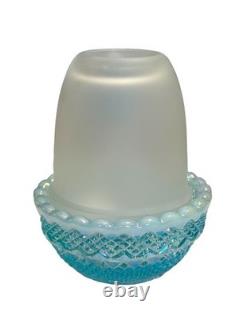 Mosser Glass Fairy Lamp HP Blue Butterfly On Aqua Opalescent Iridized Signed