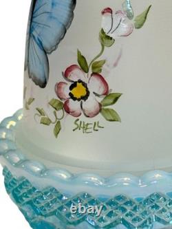 Mosser Glass Fairy Lamp HP Blue Butterfly On Aqua Opalescent Iridized Signed