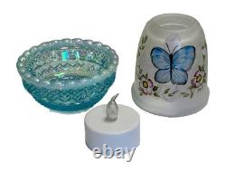 Mosser Glass Fairy Lamp HP Blue Butterfly On Aqua Opalescent Iridized Signed