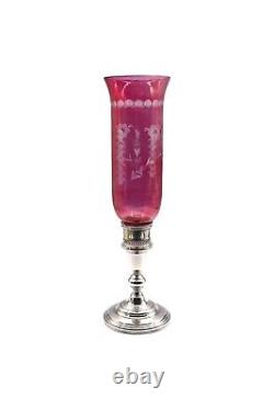 Mueck-Carey Sterling Candleholder with Cranberry Cut to Clear Hurricane Shade