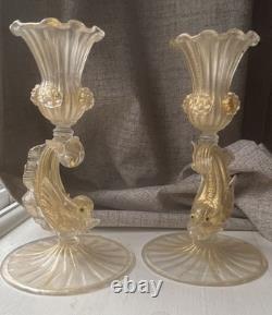 Murano Decorative Glass dolphin Candlestick Holders Clear Gold Pair