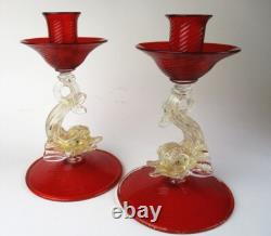 Murano art glass candle holders ruby red swirl gold fleck dolphin 2 candlesticks