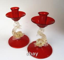 Murano art glass candle holders ruby red swirl gold fleck dolphin 2 candlesticks