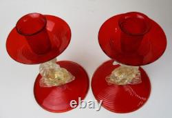 Murano art glass candle holders ruby red swirl gold fleck dolphin 2 candlesticks