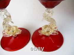 Murano art glass candle holders ruby red swirl gold fleck dolphin 2 candlesticks