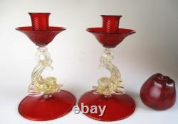 Murano art glass candle holders ruby red swirl gold fleck dolphin 2 candlesticks
