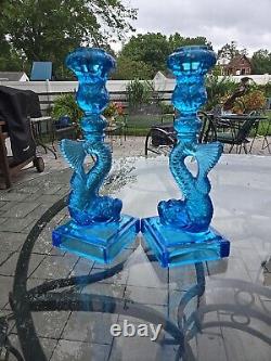 Museum of Modern Art Pair of Blue Opalescent Dolphin Candlesticks Art Deco