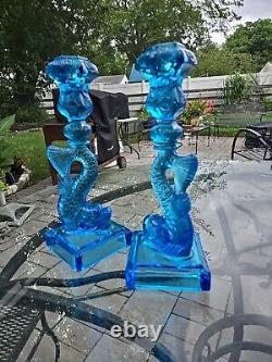 Museum of Modern Art Pair of Blue Opalescent Dolphin Candlesticks Art Deco