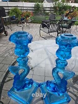 Museum of Modern Art Pair of Blue Opalescent Dolphin Candlesticks Art Deco