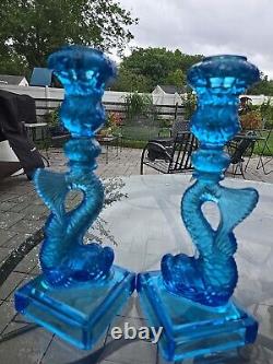 Museum of Modern Art Pair of Blue Opalescent Dolphin Candlesticks Art Deco