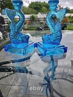 Museum of Modern Art Pair of Blue Opalescent Dolphin Candlesticks Art Deco