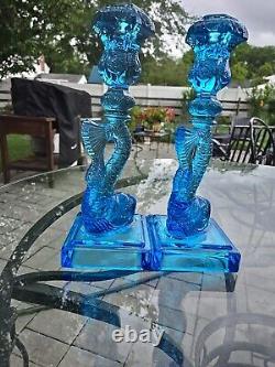 Museum of Modern Art Pair of Blue Opalescent Dolphin Candlesticks Art Deco