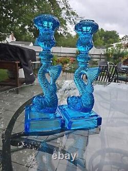 Museum of Modern Art Pair of Blue Opalescent Dolphin Candlesticks Art Deco