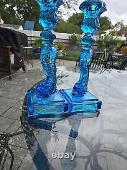 Museum of Modern Art Pair of Blue Opalescent Dolphin Candlesticks Art Deco