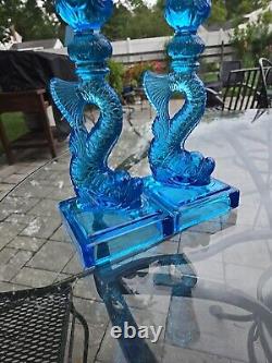 Museum of Modern Art Pair of Blue Opalescent Dolphin Candlesticks Art Deco